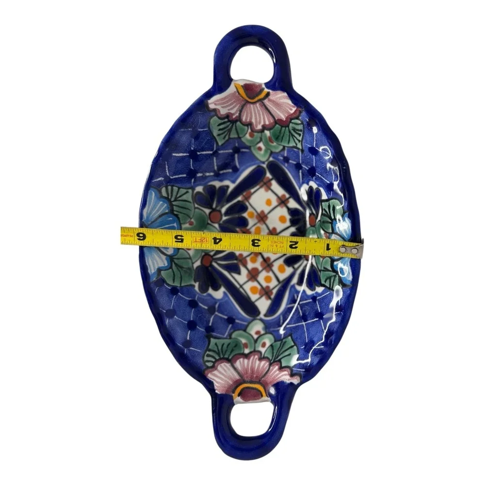 Talavera Mexican Pottery Oval Serving Dish Blue‎ Floral Hand Painted Lead Free